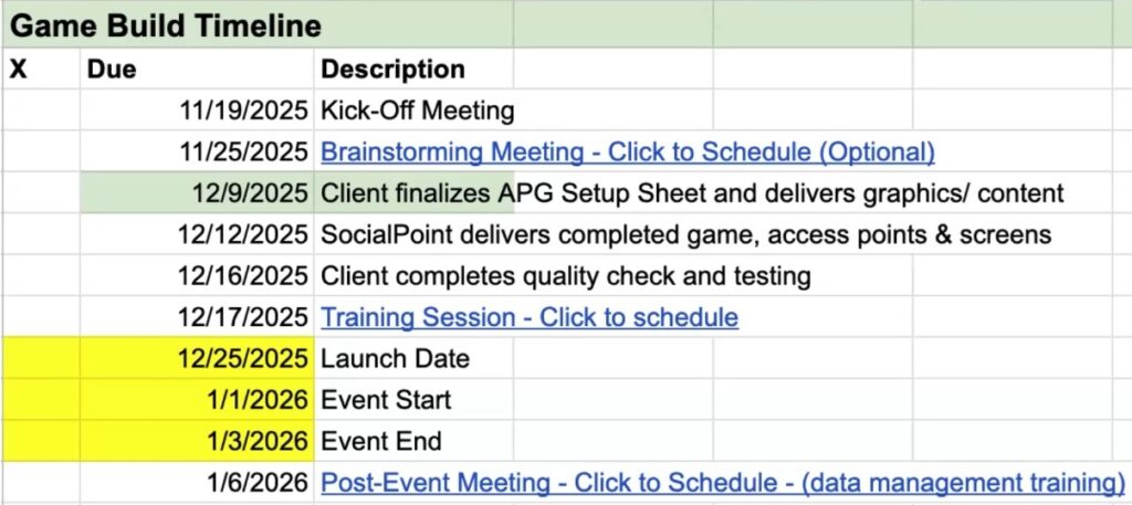 Gamification sample game build timeline